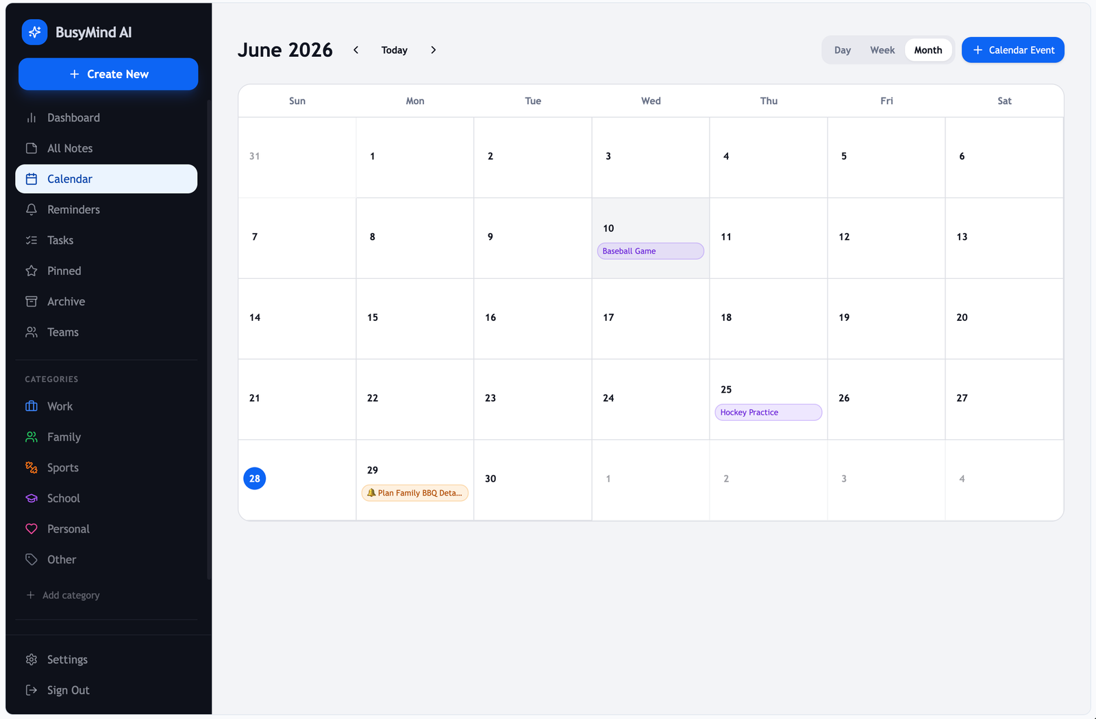 BusyMind AI calendar on desktop web