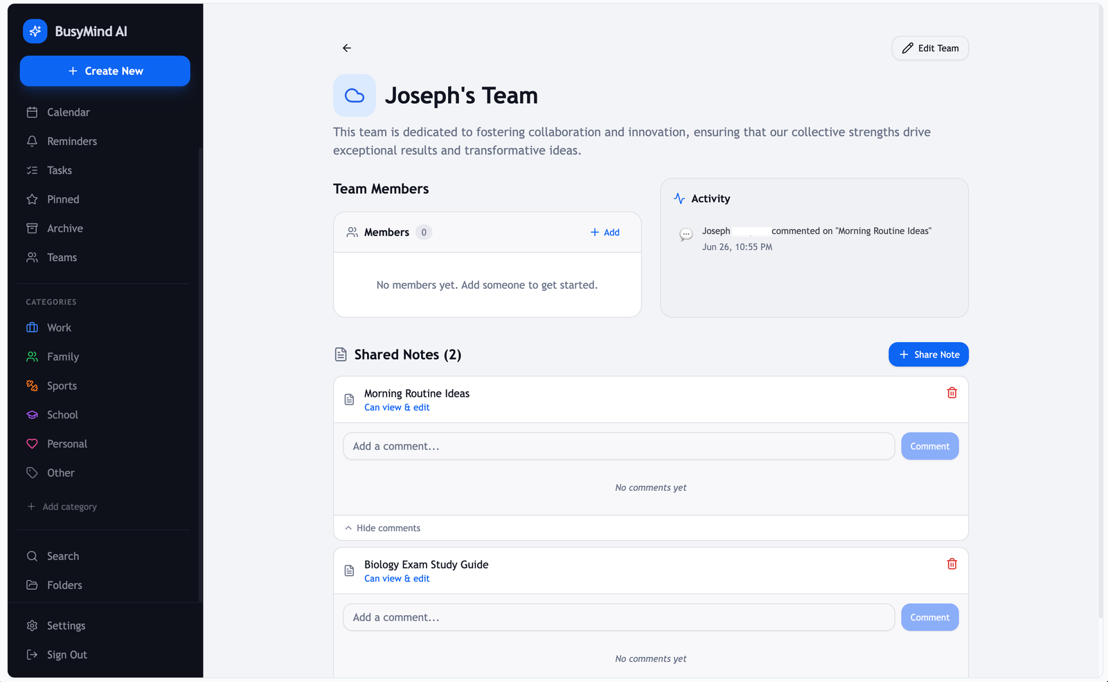 BusyMind AI team collaboration on desktop web